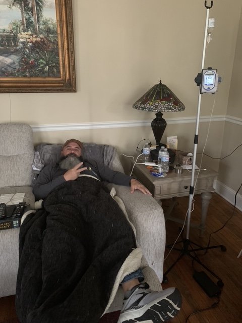 Chris resting during an IVIg infusion