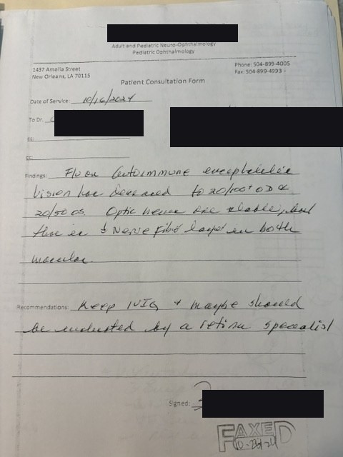 Ophthalmology consultation noting decreased vision