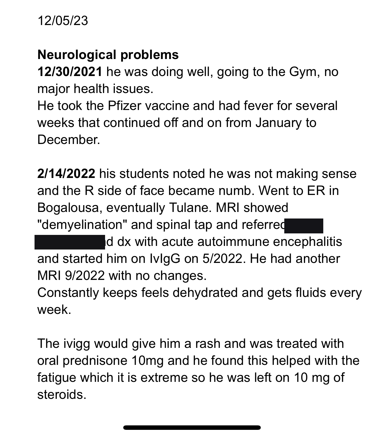 Doctor's note describing the onset of symptoms after vaccination